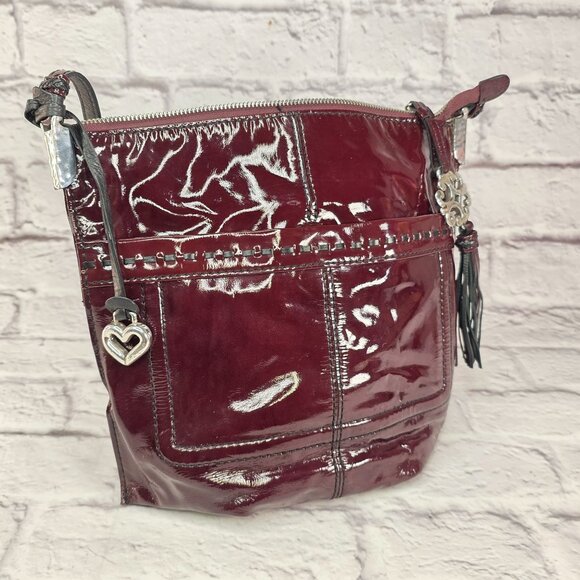Brighton Women Tassel Shoulder Handbag Burgundy Black Cherry Patent Leather Zip - Picture 1 of 13